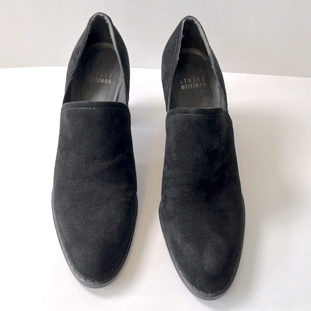 Stuart Weitzman Suede Heeled Loafer, Black, size 8